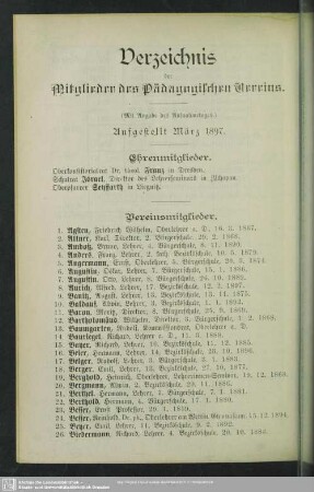 Verzeichnis der Mitglieder des Pädagogischen Vereins