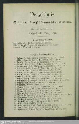 Verzeichnis der Mitglieder des Pädagogischen Vereins