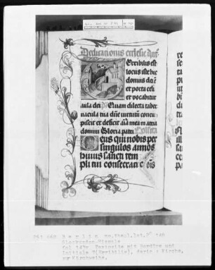 Glockendon-Missale — Initiale T (Erribilis), darin Kirche zur Kirchweih, Folio 143verso