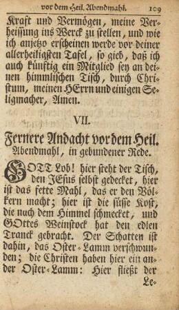 VII. Fernere Andacht vor dem Heil. Abendmahl, in gebundener Rede.
