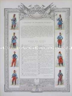 Uniformdarstellung, Rüstungen und Uniformen von Soldaten des 2. Afrikanischen Jäger-Regiments zu Pferde und Zeittafel von Schlachten und Belagerungen mit Beteiligung dieses Regiments, Frankreich, 1832-1882.