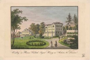 Die alte Königliche Villa (Palais) des Königs Friedrich August II. am Weinberg in Wachwitz bei Dresden, links das alte Gärtnerhaus, später Küchenhaus