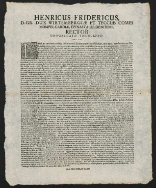 Henricus Fridericus, D. Gr. Dux Wirtembergiae Et Tecciae...
