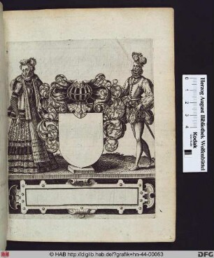 Leeres Wappenschild mit Blattwerk und Helm, flankiert von einer Frau und einem Mann.