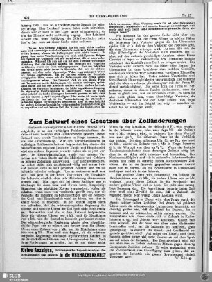 Zum Entwurf eines Gesetzes über Zolländerungen