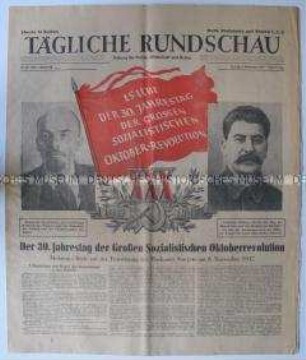 Tageszeitung der SMAD "Tägliche Rundschau" u.a. mit dem Wortlaut der Rede Molotows zum 30. Jahrestag der Oktoberrevolution