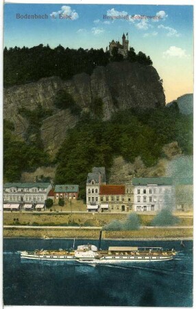 Bodenbach a. Elbe. Bergschloß Schäferwand (1905) über die Elbe mit Raddampfer "Austria" (1893; Werft Blasewitz)