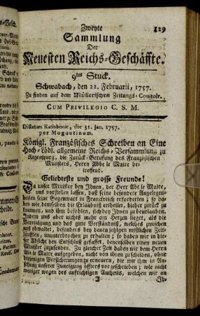 9tes Stuck. Schwabach, den 22. Februarii, 1757.
