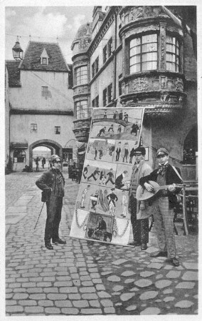 Alt-Leipzig: Bänkelsänger vor dem Fürstenhaus [Intern. Baufachausstellung mit Sonderausstellungen Leipzig 1913 : Offizielle Postkarte]