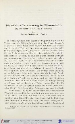 Die völkische Verwurzelung der Wissenschaft (Typen mathematischen Schaffens)