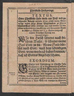 Textus.[...]beschrieben von dem Könige und Propheten David in seinem 42. Psalm/ vers. 2. 3. Lauten auch auff unserer Teutschen Sprach/ wie hernach folget: