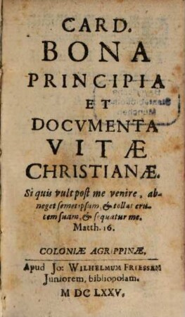 Card. Bona Principia Et Documenta Vitae Christianae