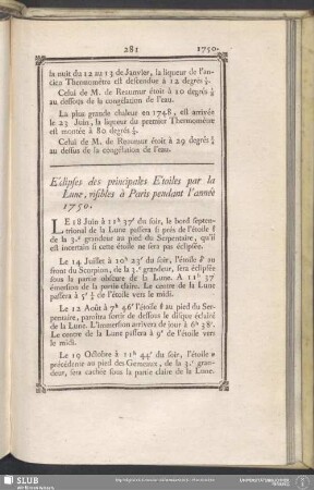 Éclipses des principales Étoiles par la Lune, visible à Paris pendant l'année 1750
