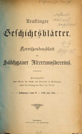 Reutlinger Geschichtsblätter. 1/2. 1890/91