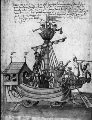 Schembarthandschrift (Texte und Bilder zum Nürnberger Fastnachtswesen) — Bildseite:Pfaffenschiff (Umzugswagen Anno 1539)