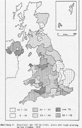 Grassland, per 100 ha crops, grass and rough grazing;United Kingdom 1970