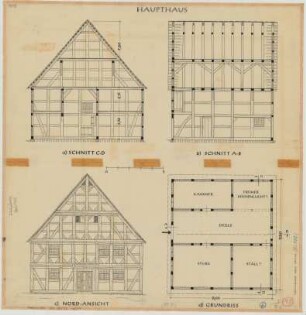 Dahlhausen (Kreis Höxter): Haus Nr. 116/117. Haupthaus (Grundriss, Nordansicht, Schnitte)