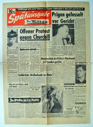 Titelseite der Spätausgabe der Tageszeitung "Der Mittag" zum offenen Protest britischer Unterhausabgeordneter gegen den Ministerpräsidenten Churchill