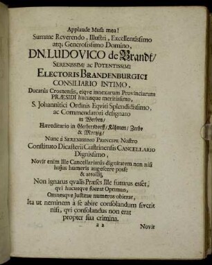 Summe Reverendo, Illustri, Excellentissimo atq; Generosissimo Domino, Dn. Ludovico de Brandt [...]