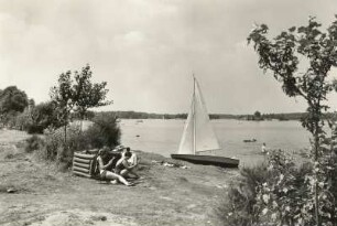 Groß Särchen. Knappensee, Badestrand mit Segelboot bei Koblenz