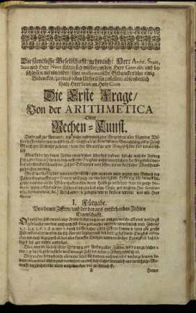 Die erste Frage / Von der Arithmetica Oder Rechen-Kunst.