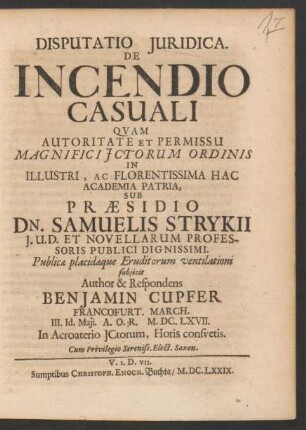 Disputatio Iuridica. De Incendio Casuali