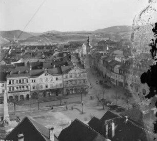 Saalfeld, Innenstadt : Saalfeld. Blick vom Turm der Johanneskirche auf den Marktplatz der Stadt