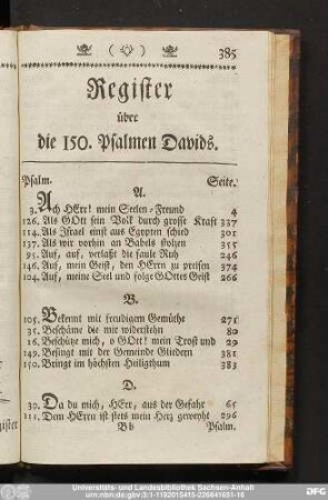 Register über die 150. Psalmen Davids.
