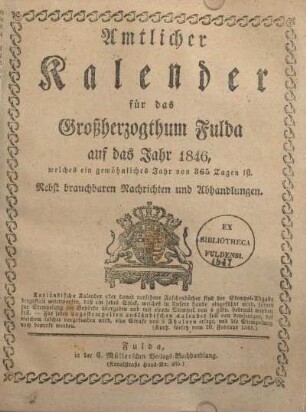 1846: Amtlicher Kalender für das Großherzogthum Fulda