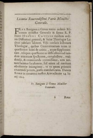 Licentia Reverendißimi Patris Ministri Generalis.