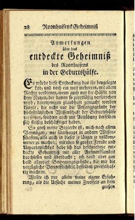 Anmerkungen über das entdeckte Geheimniß des Roonhuisens in der Geburtshülfe.