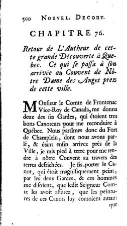 Retour de l`Autheur de cette grande Decouverte à Quebec. Ce qui se passa à son arrivée au Couvent de Nôtre Dame des Angesprez de cette ville.