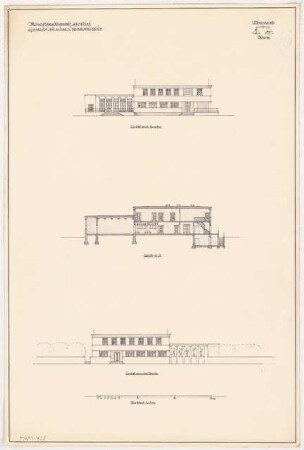 Gymnastikschule am See Monatskonkurrenz Dezember 1932: Aufriss Straßenansicht, Gartenansicht, Querschnitt 1:200; Maßstabsleiste