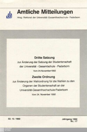 Dritte Satzung zur Änderung der Satzung der Studentenschaft der Universität - Gesamthochschule - Paderborn : vom 24. November 1992