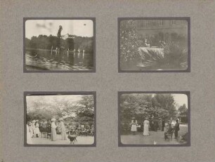 links oben: Schloss Mainau vom Bodensee aus rechts oben: Exotische Sträucher vor Schloss Mainau links unten: Großherzogin Luise mit Kriegsversehrten im Garten von Schloss Mainau rechts unten: Großherzogin Luise mit Kriegsversehrten im Garten von Schloss Mainau