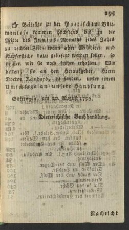 Beiträge zu der Poetischen Blumenlese kommen ...