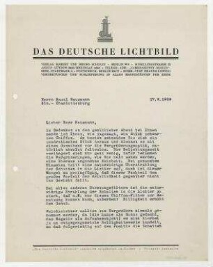 Brief von Bruno Schultz / Verlag Robert & Bruno Schultz, Das Deutsche Lichtbild Raoul Hausmann. Berlin