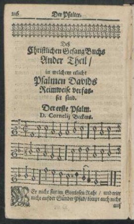 Des Christlichen Gesang Buchs Ander Theil/ in welchem etliche Psalmen Davids Reimweise verfasset sind.
