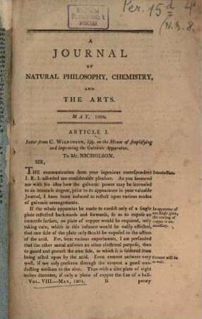 Journal of natural philosophy, chemistry and the arts. N.S., 8. 1804