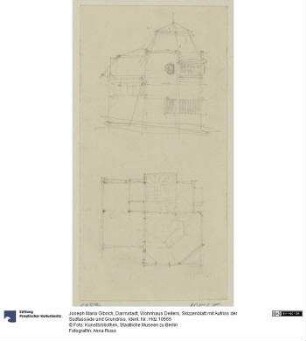 Darmstadt, Wohnhaus Deiters, Skizzenblatt mit Aufriss der Südfassade und Grundriss