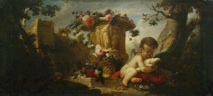 Blumenstillleben mit Amor und einer Taube (Supraporte)