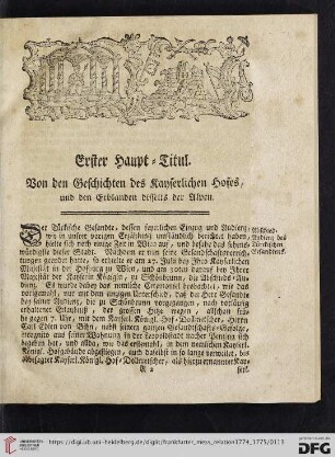 Erster Haupt-Titul. Von den Geschichten des kayserlichen Hofes, und den Erblanden disseits der Alpen
