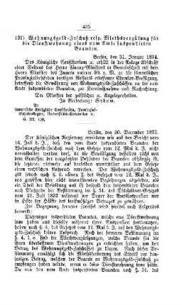 Wohnungsgeld-Zuschuß resp. Miethsvergütung für die Dienstwohnung eines vom Amte suspendirten Beamten : [I. Allgemeine Verhältnisse der Behörden und Beamten]