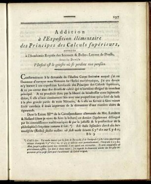 Addition à l' Exposition élémentaire des Principes des Calculs supérieurs,...
