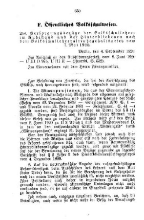 Versorgungsbezüge der Volksschullehrer im Ruhestand und der Hinterbliebenen nach dem Volksschullehreraltruhegehaltsgesetz vom 7. Mai 1920 : [F. Öffentliches Volksschulwesen]