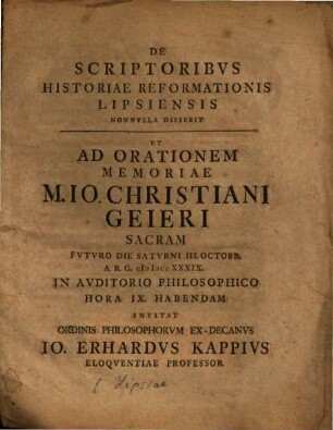 De Scriptoribvs Historiae Reformationis Lipsiensis Nonnvlla