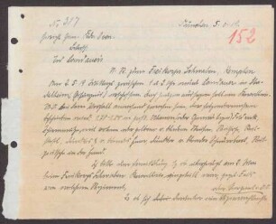Anfrage beim Freikorps Schwaben, ob am 02.05.1919 in Stadelheim Kavallerie eingesetzt war und ob sich dort Leute befinden, die Zeugen der Erschießung Landauers waren sowie das Antwortschreiben