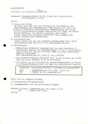 Sitzungsprotokolle: Arbeitsgruppe Ausländer im Verein SO 36, 1985