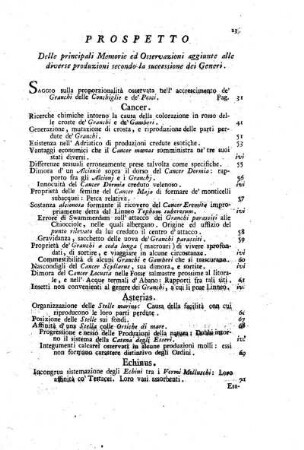 Prospetto delle principali Memorie ed Osservazioni aggiunte alle diverse produzioni secondo la successione dei Generi.
