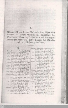 I. Einwohnerverzeichnis : I. Alphabetisch geordneter Nachweis sämmtlicher Einwohner der Stadt Görlitz, ...